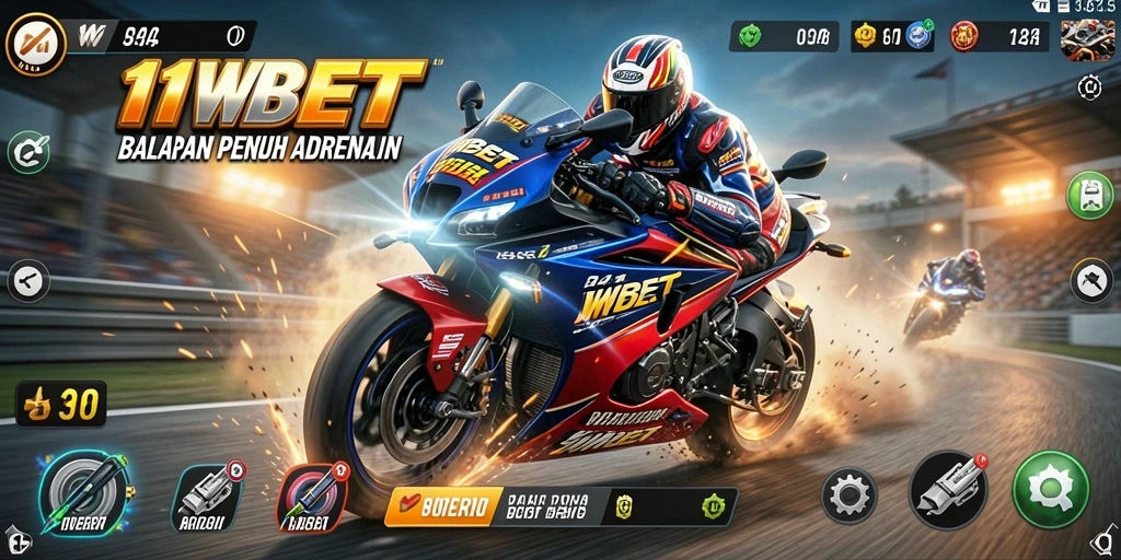 Screenshot utama 11WBET menampilkan aksi balapan motor yang intens.