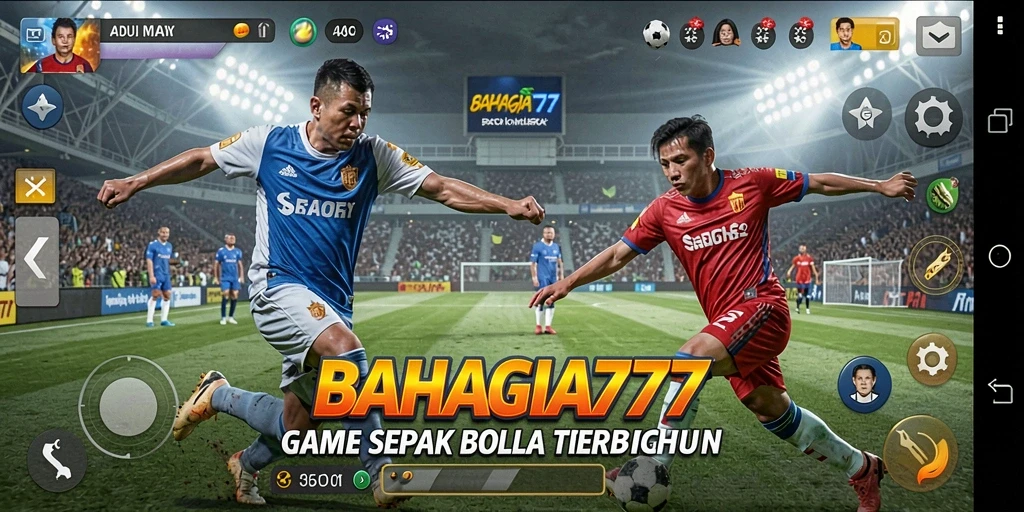 Tangkapan layar utama BAHAGIA777 menampilkan aksi penuh semangat di lapangan sepak bola.