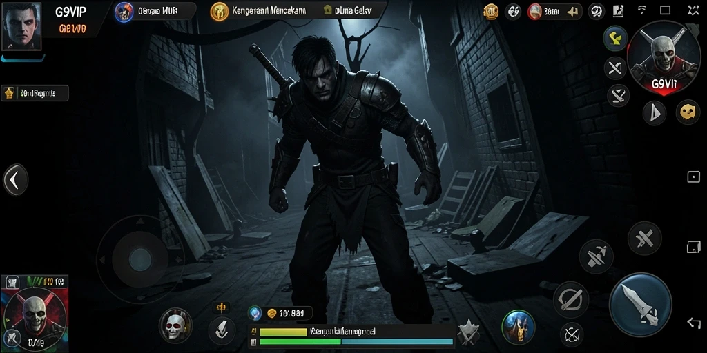 Screenshot gameplay G9VIP menunjukkan suasana menyeramkan yang mendebarkan.