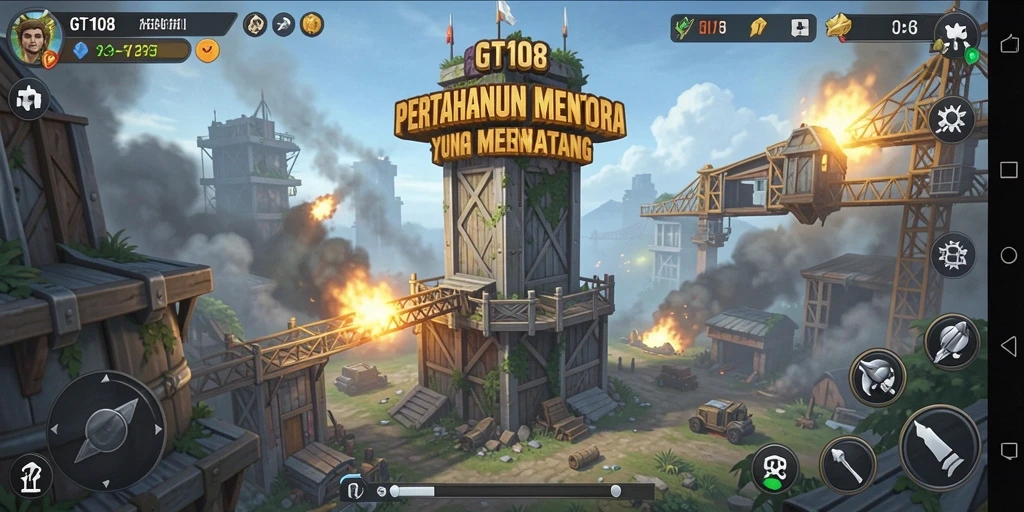 Screenshot gameplay GT108 menampilkan suasana intens Tower Defense.