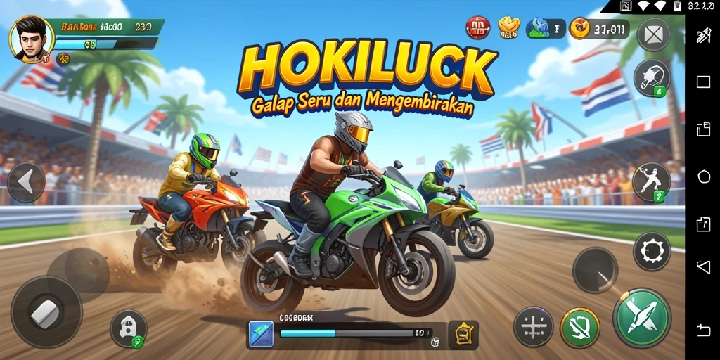 Tampilan gameplay HOKILUCK dengan mobil balap melaju kencang di lintasan.