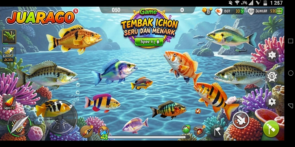 Tampilan gameplay JUARAGO dengan ikan berwarna-warni yang dijadikan target.