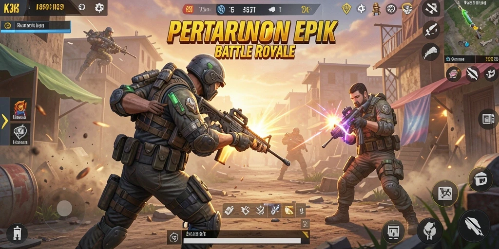 Screenshot gameplay K3K3 menunjukkan aksi seru di arena battle royale.