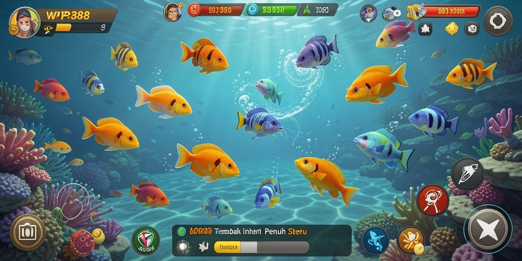 Tampilan seru gameplay Tembak Ikan WP888 dengan berbagai ikan berwarna-warni.